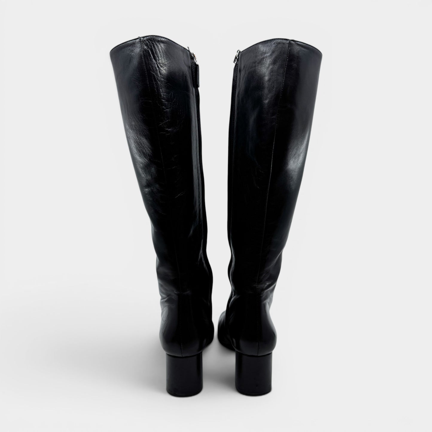 Prada Black Leather Square Toe Tall Heeled Boots EU38.5 ~ AU7.5
