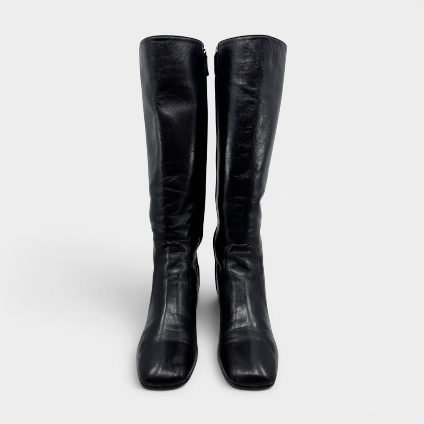 Prada Black Leather Square Toe Tall Heeled Boots EU38.5 ~ AU7.5