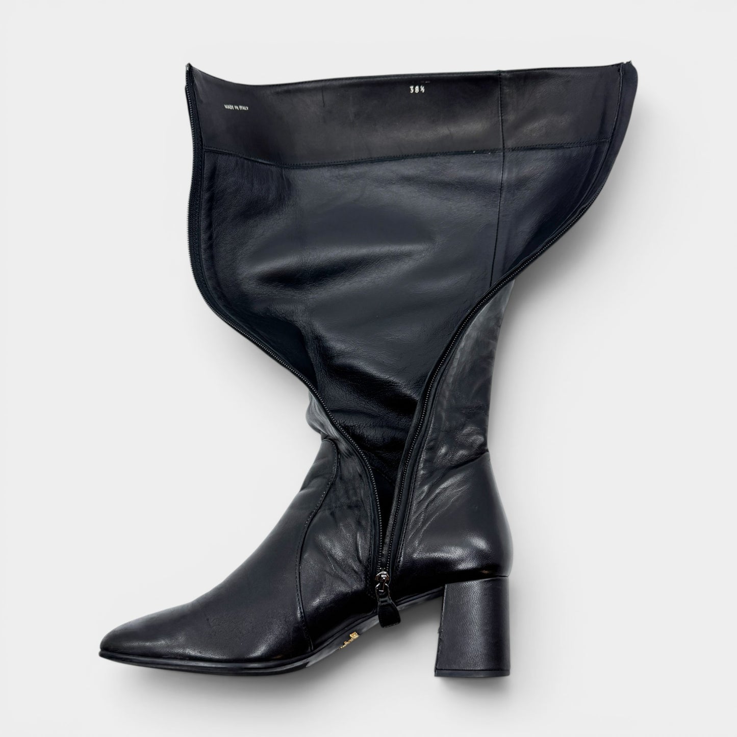 Prada Black Leather Square Toe Tall Heeled Boots EU38.5 ~ AU7.5