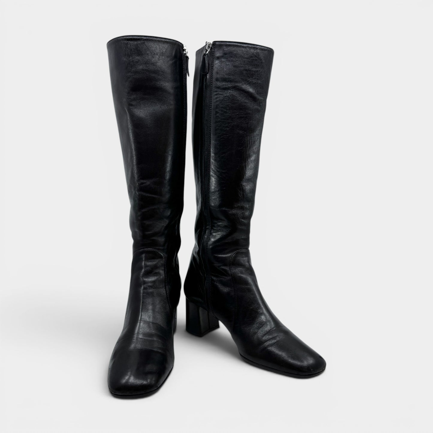 Prada Black Leather Square Toe Tall Heeled Boots EU38.5 ~ AU7.5