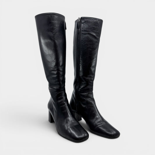 Prada Black Leather Square Toe Tall Heeled Boots EU38.5 ~ AU7.5