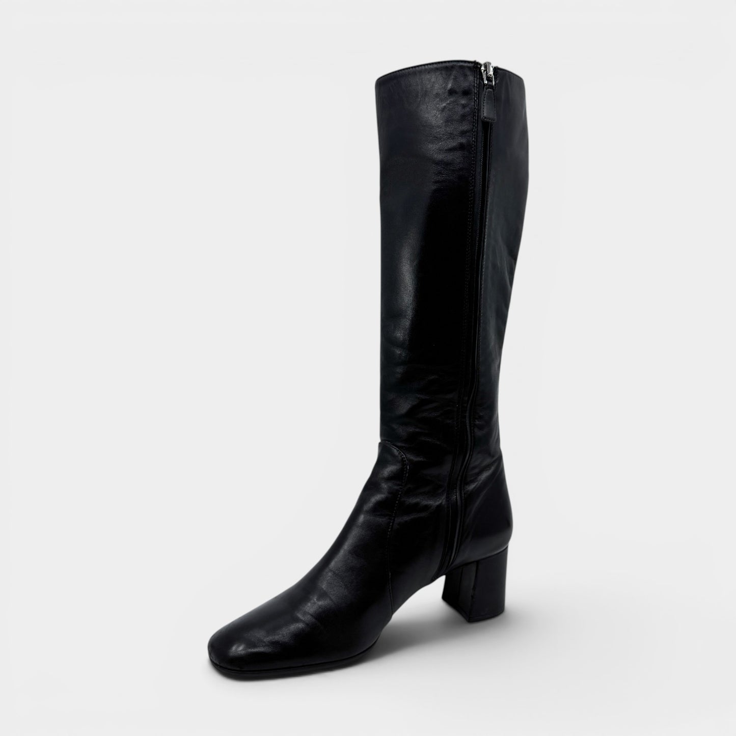 Prada Black Leather Square Toe Tall Heeled Boots EU38.5 ~ AU7.5