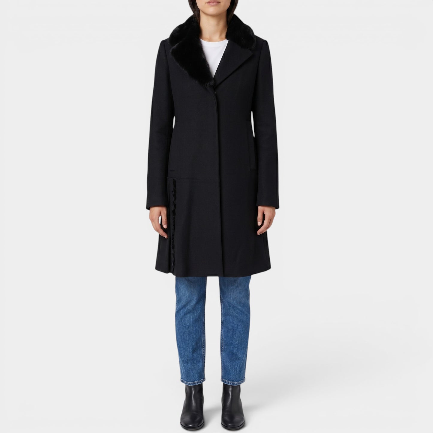 Prada Black Wool & Cashmere Fur Collar Coat IT42 ~ AU8-10