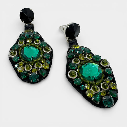 Prada Green Turquoise Black Crystal Statement Clip On Earrings