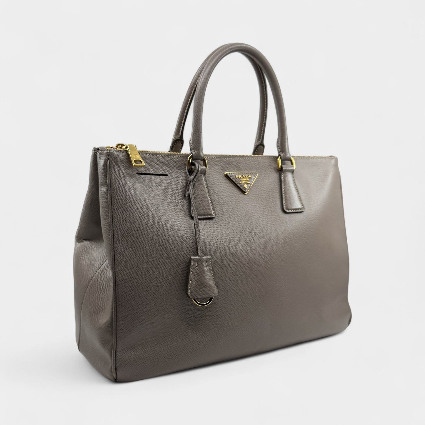 Prada Beige Grey Saffiano Leather Double Zip Galleria Tote Bag