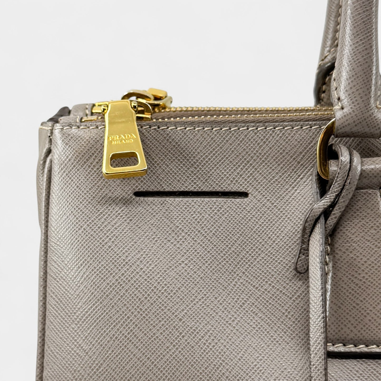 Prada Beige Grey Saffiano Leather Double Zip Galleria Tote Bag