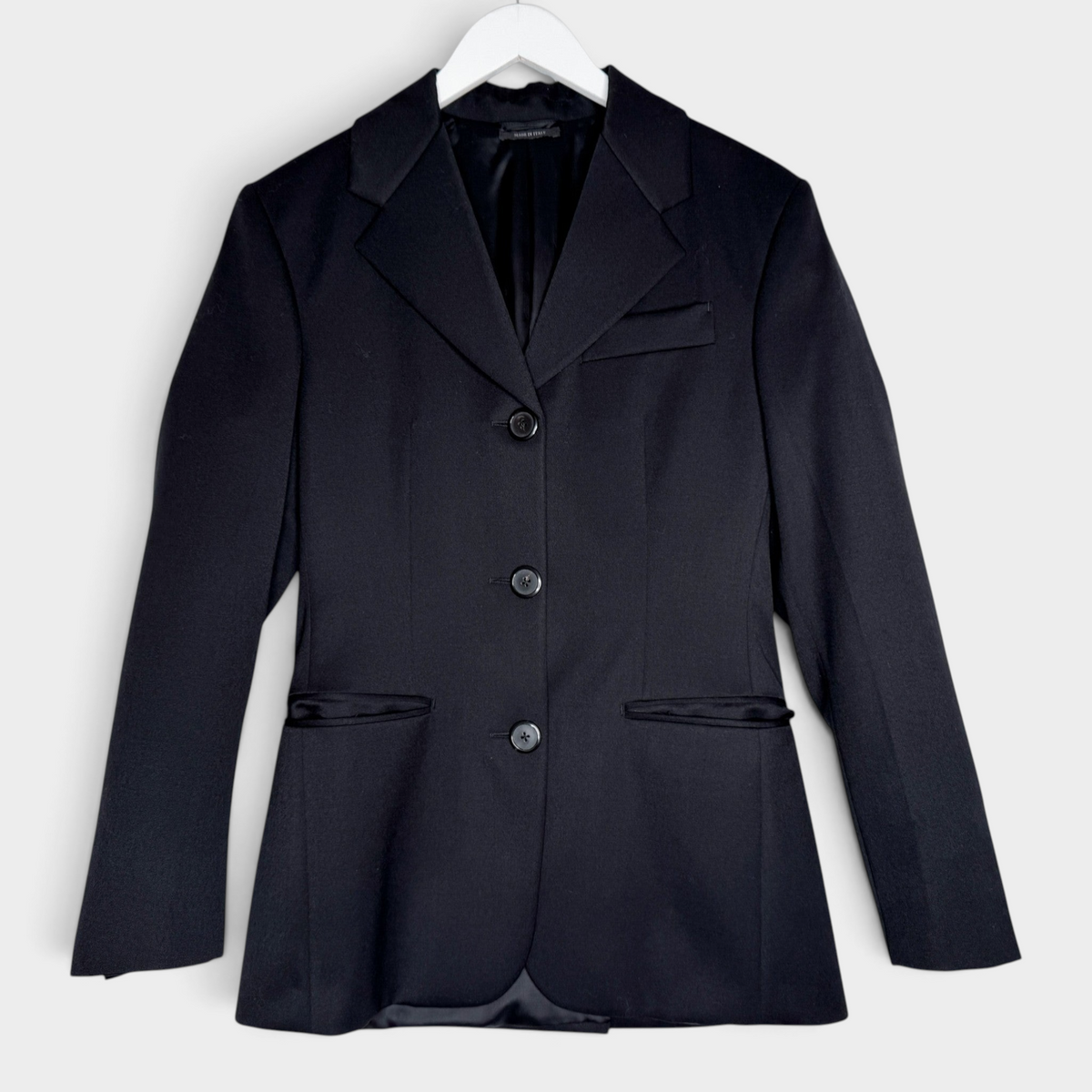 Studio61 Preloved Boutique Sydney black Prada wool single-breasted jacket with notched lapels and three-button closure