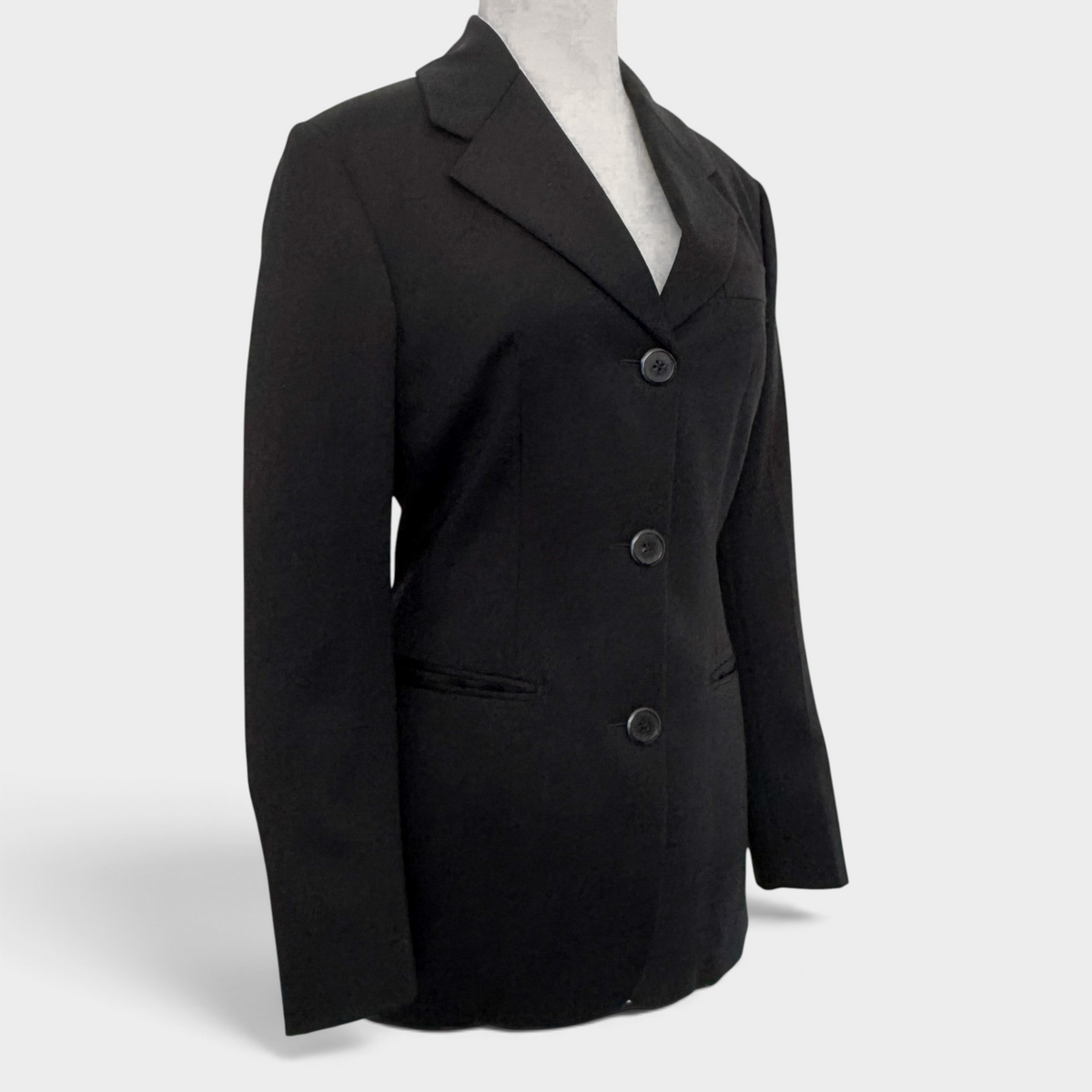 Studio61 Preloved Boutique Sydney Prada black wool single-breasted jacket with three-button closure on a mannequin.