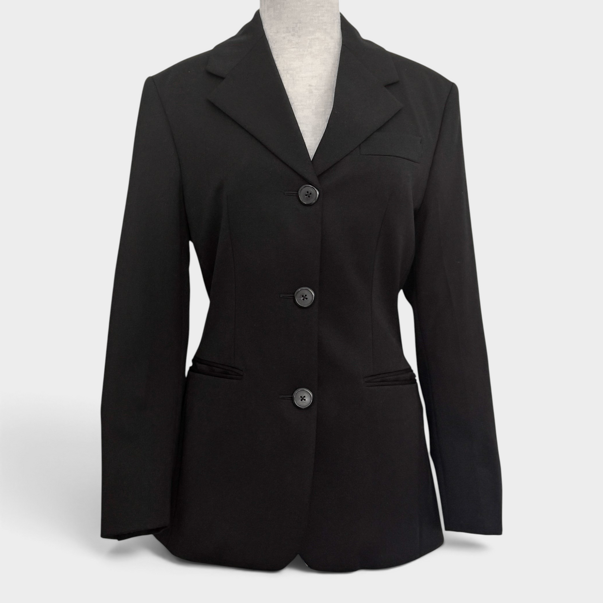 Studio61 Preloved Boutique Sydney Prada black wool single-breasted jacket with three-button closure on a mannequin.