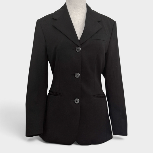 Studio61 Preloved Boutique Sydney Prada black wool single-breasted jacket with three-button closure on a mannequin.