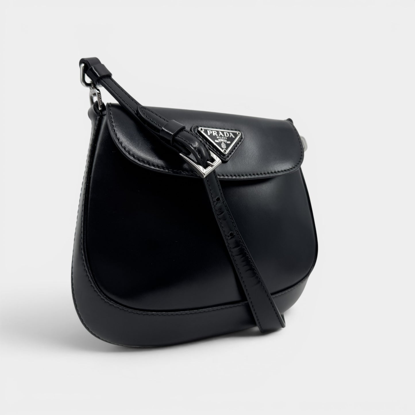 Prada Mini Cleo Black Brushed Leather Shoulder Bag [2021]