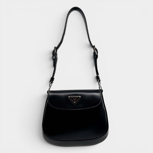 Prada Mini Cleo Black Brushed Leather Shoulder Bag [2021]