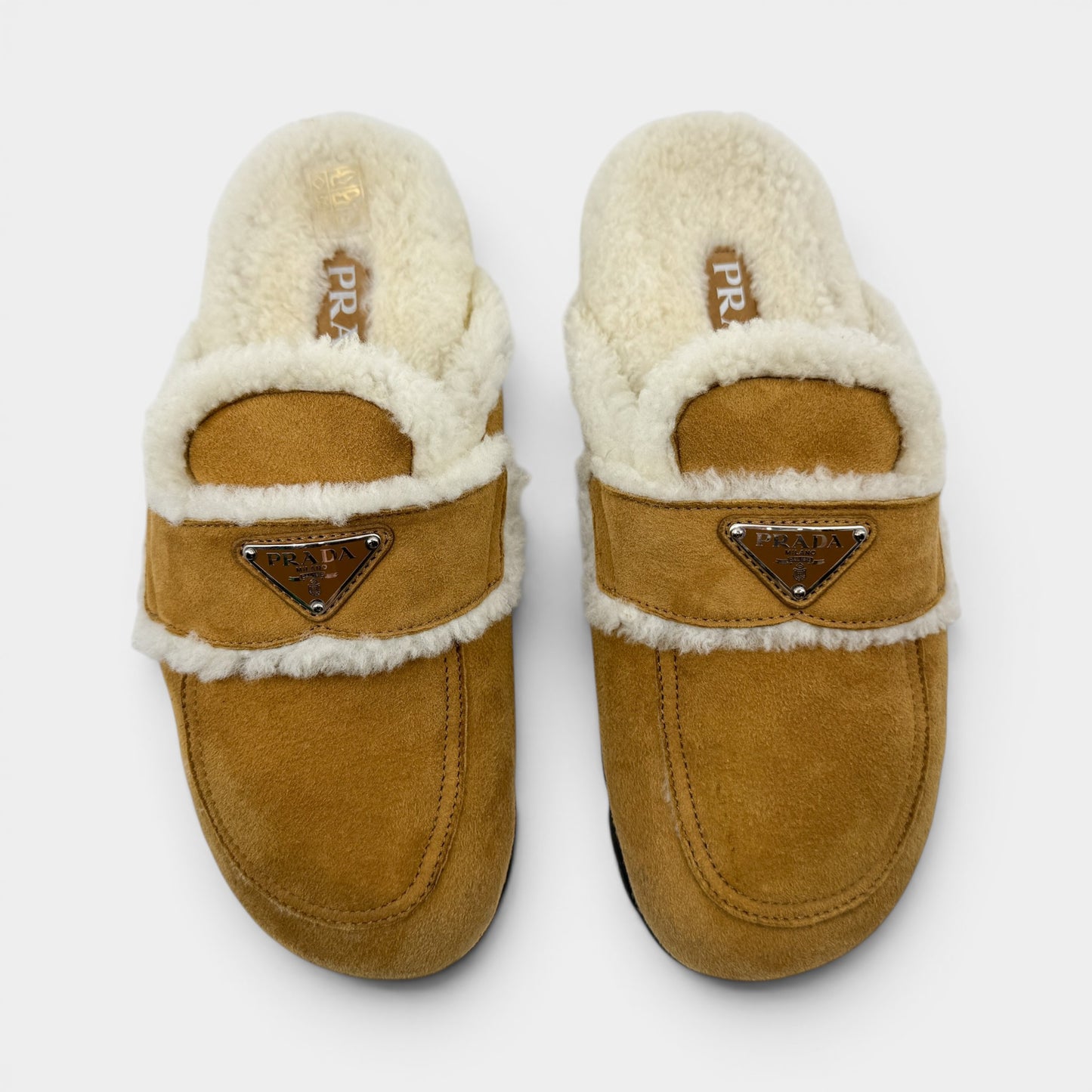 Prada Tan Brown Shearling Trim Suede Mules Shoes EU40.5 ~ AU9.5