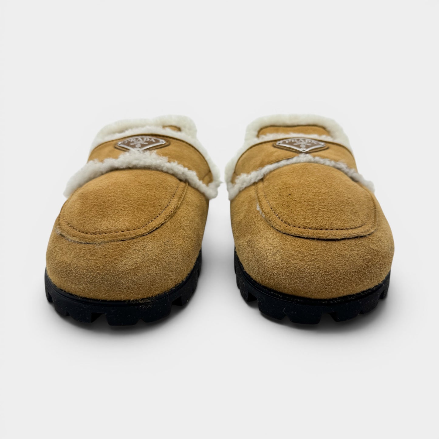 Prada Tan Brown Shearling Trim Suede Mules Shoes EU40.5 ~ AU9.5