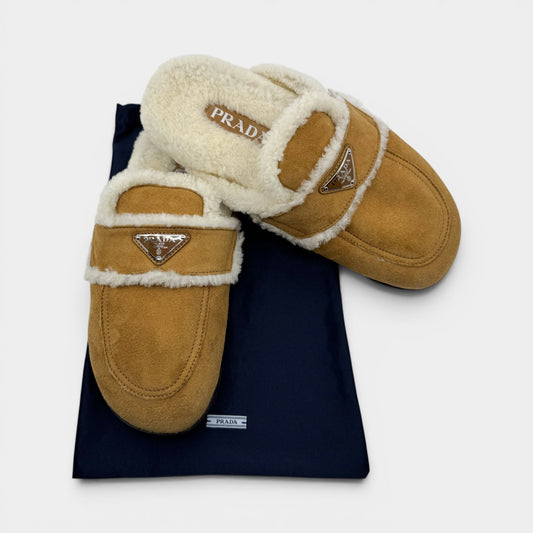Prada Tan Brown Shearling Trim Suede Mules Shoes EU40.5 ~ AU9.5