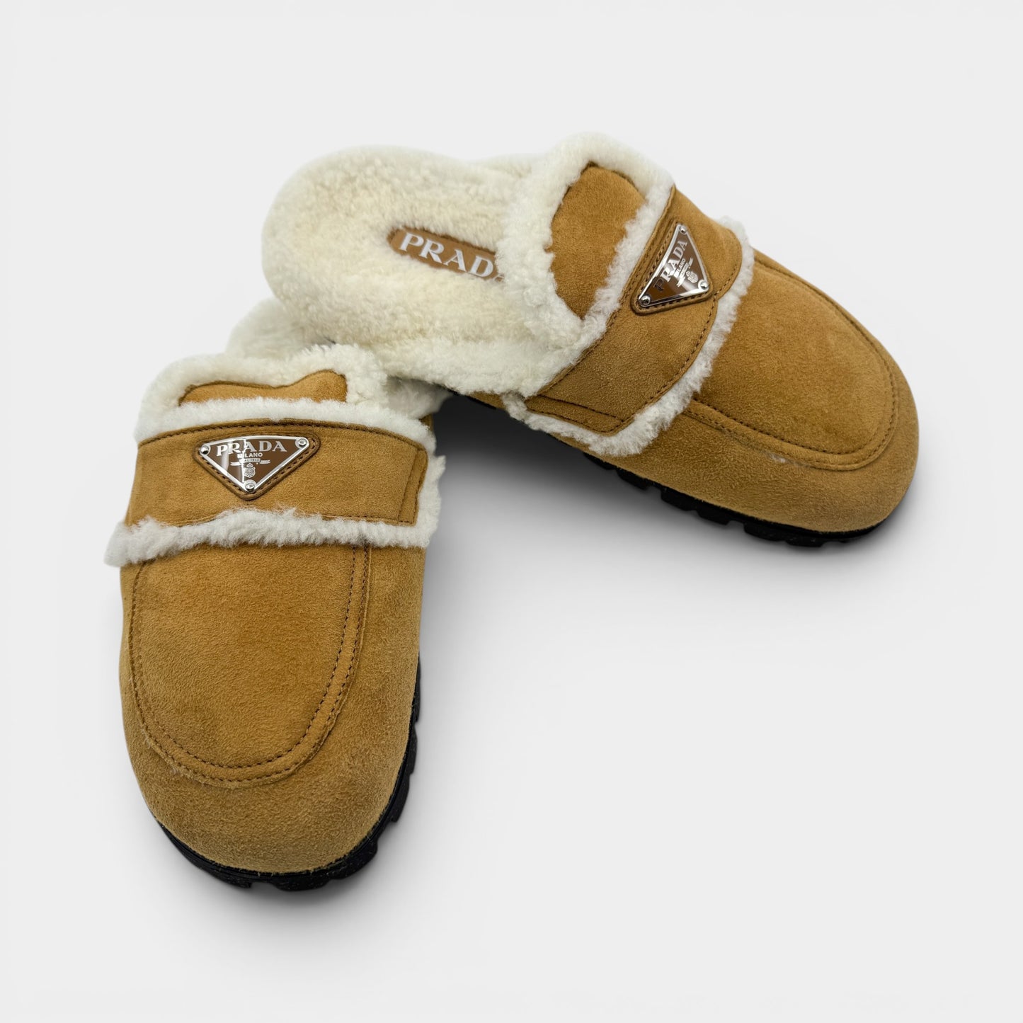 Prada Tan Brown Shearling Trim Suede Mules Shoes EU40.5 ~ AU9.5