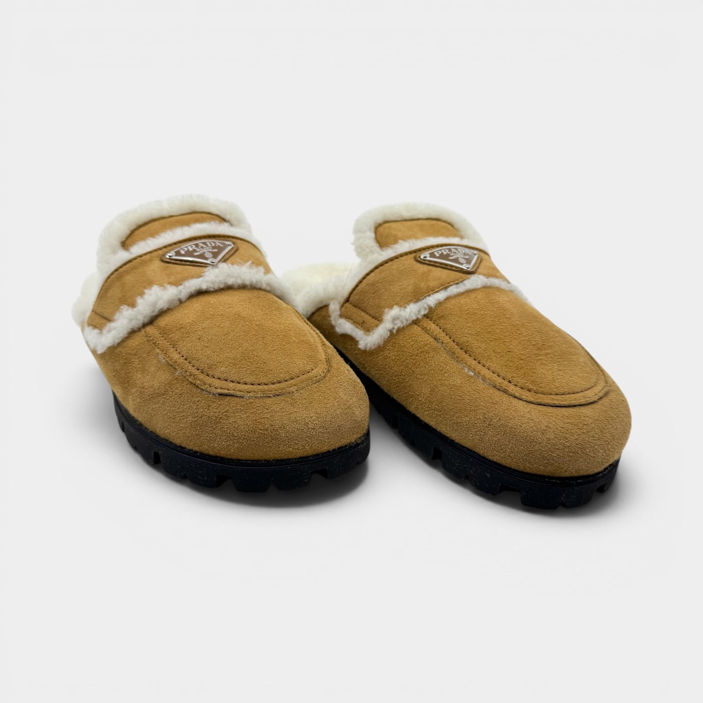 Prada Tan Brown Shearling Trim Suede Mules Shoes EU40.5 ~ AU9.5