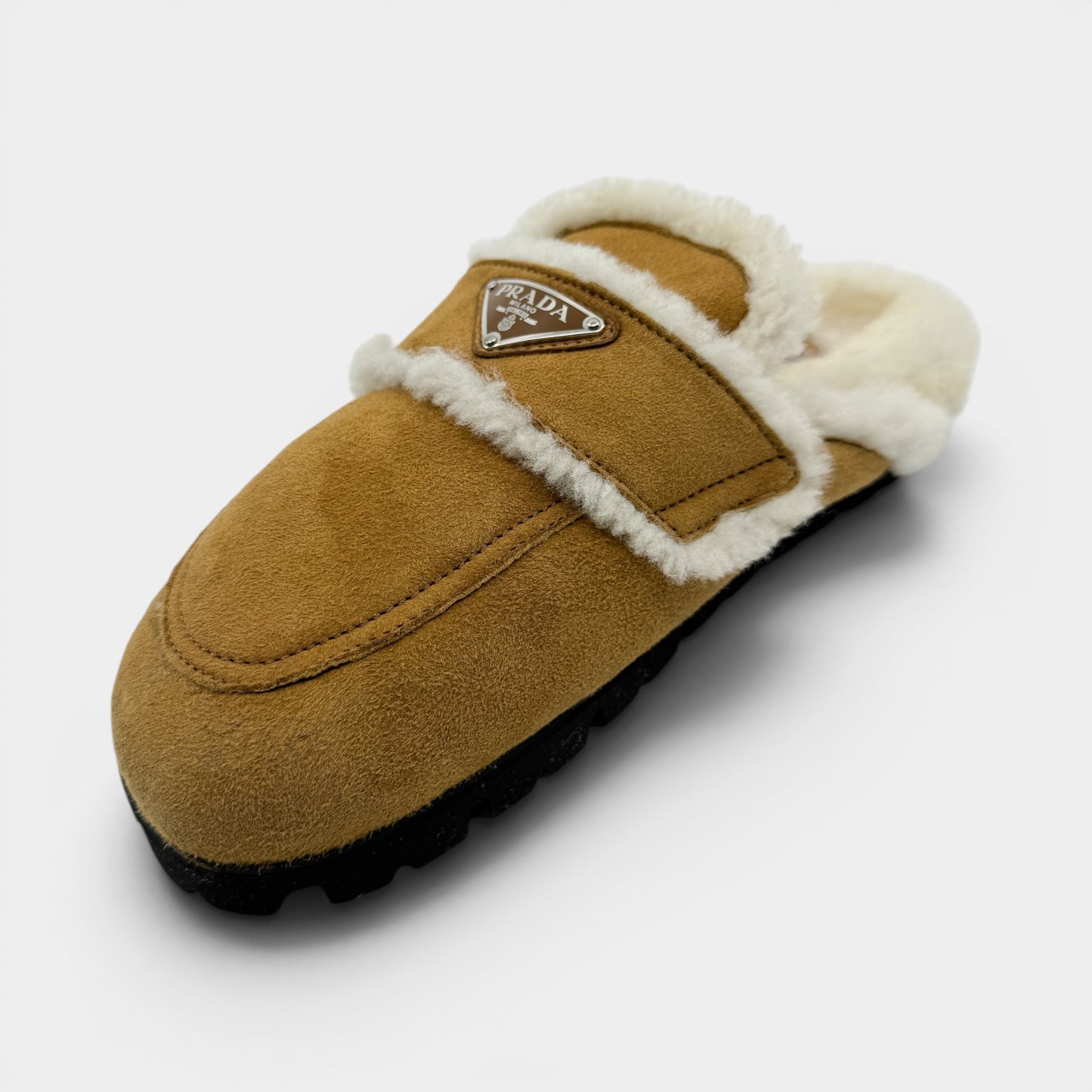 Prada Tan Brown Shearling Trim Suede Mules Shoes EU40.5 ~ AU9.5
