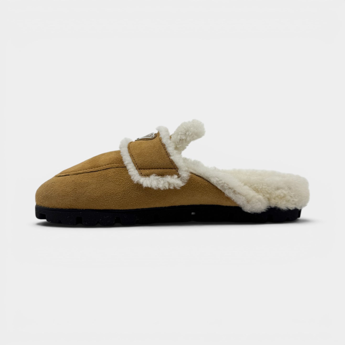 Prada Tan Brown Shearling Trim Suede Mules Shoes EU40.5 ~ AU9.5