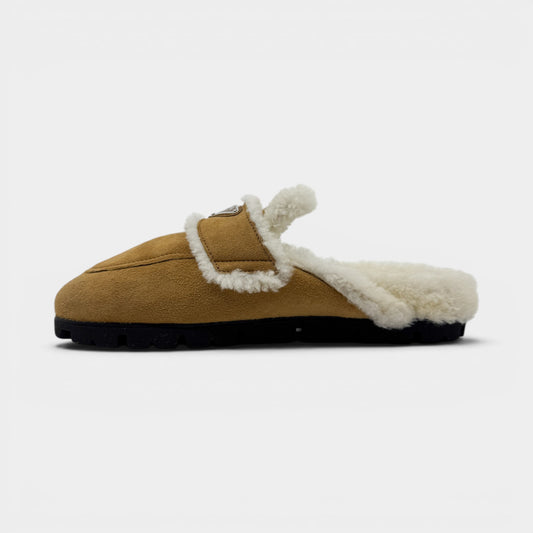 Prada Tan Brown Shearling Trim Suede Mules Shoes EU40.5 ~ AU9.5