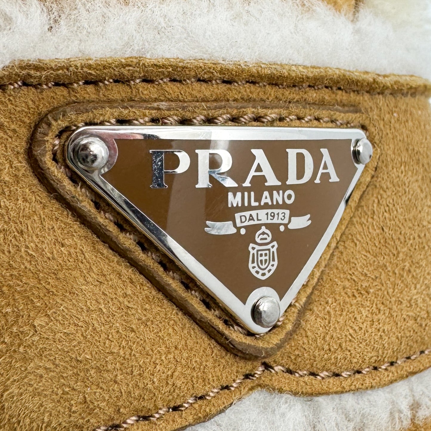 Prada Tan Brown Shearling Trim Suede Mules Shoes EU40.5 ~ AU9.5