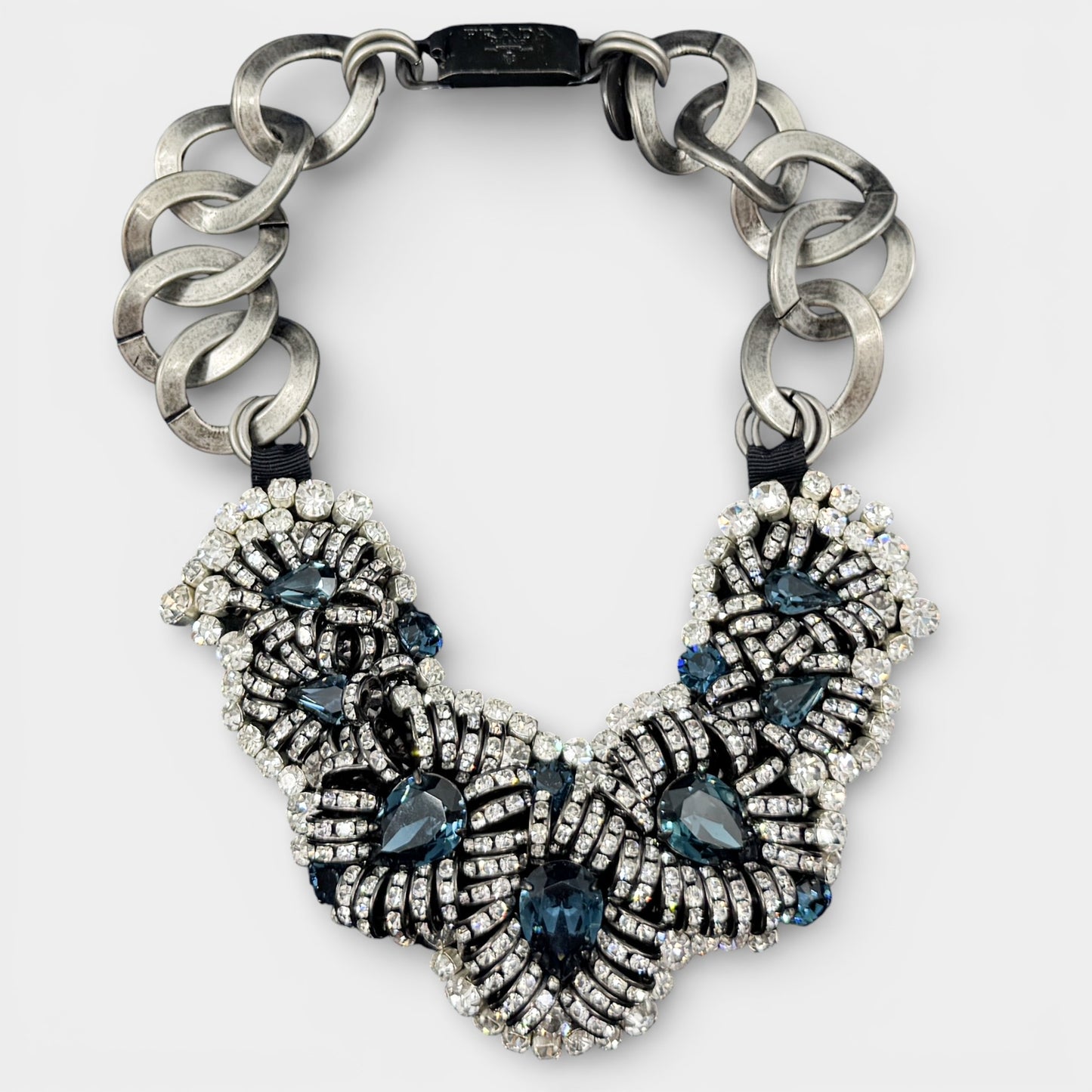 Prada Blue White Crystal Gun Metal Chain Statement Necklace