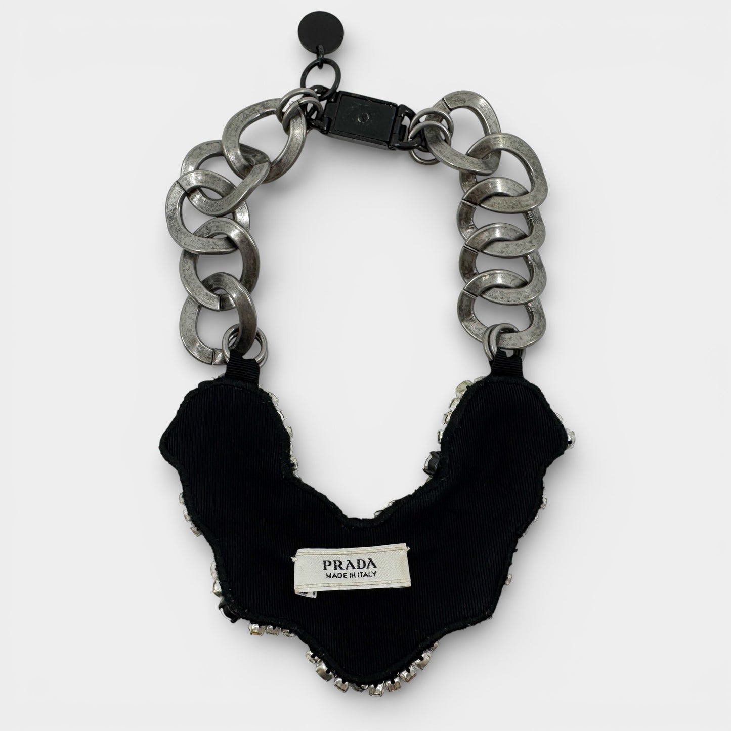 Prada Blue White Crystal Gun Metal Chain Statement Necklace