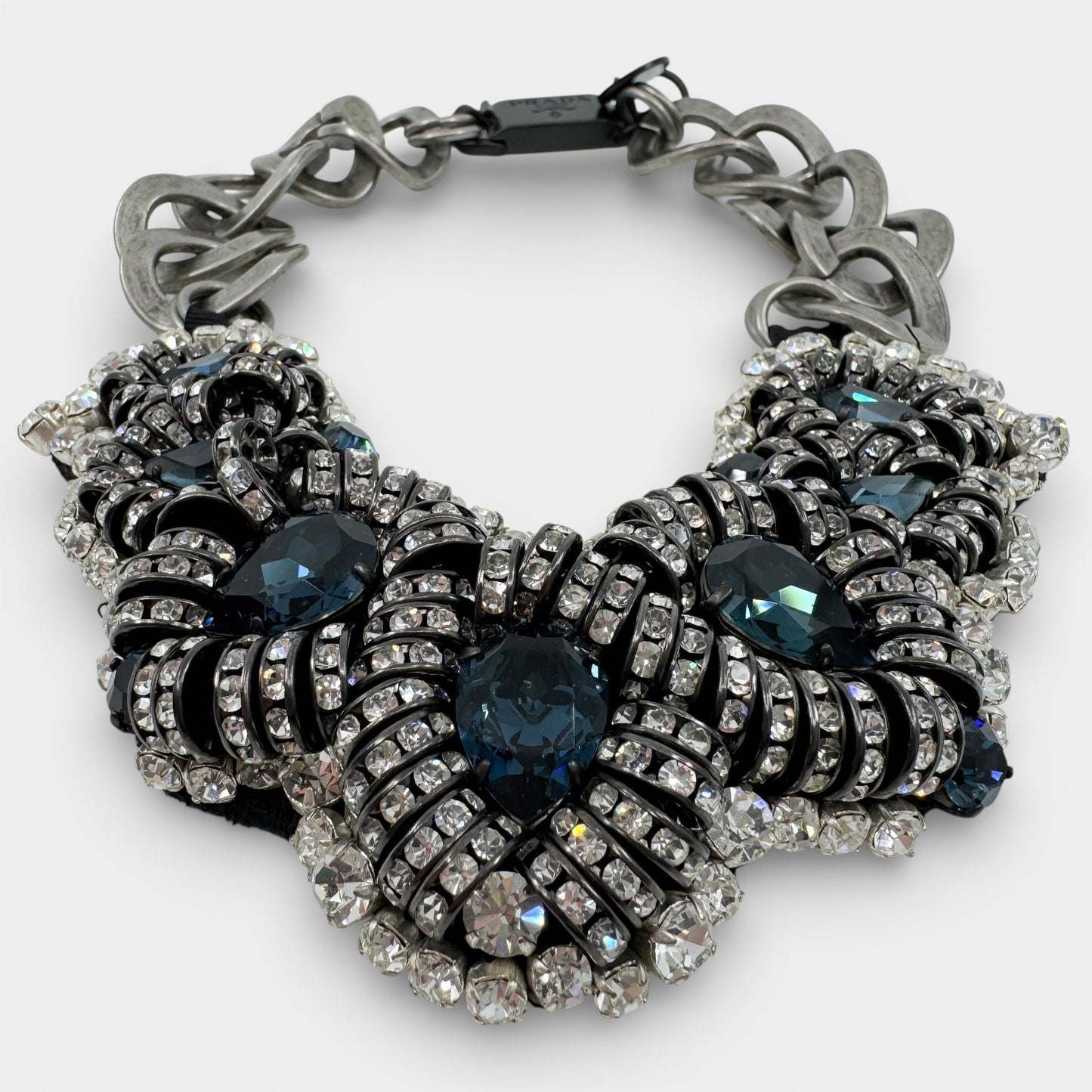 Prada Blue White Crystal Gun Metal Chain Statement Necklace