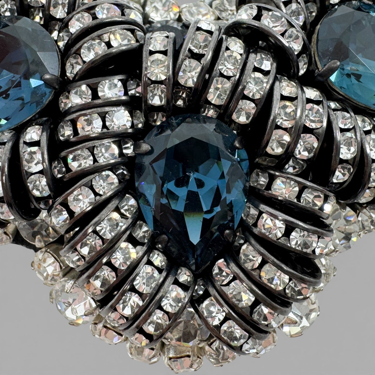 Prada Blue White Crystal Gun Metal Chain Statement Necklace