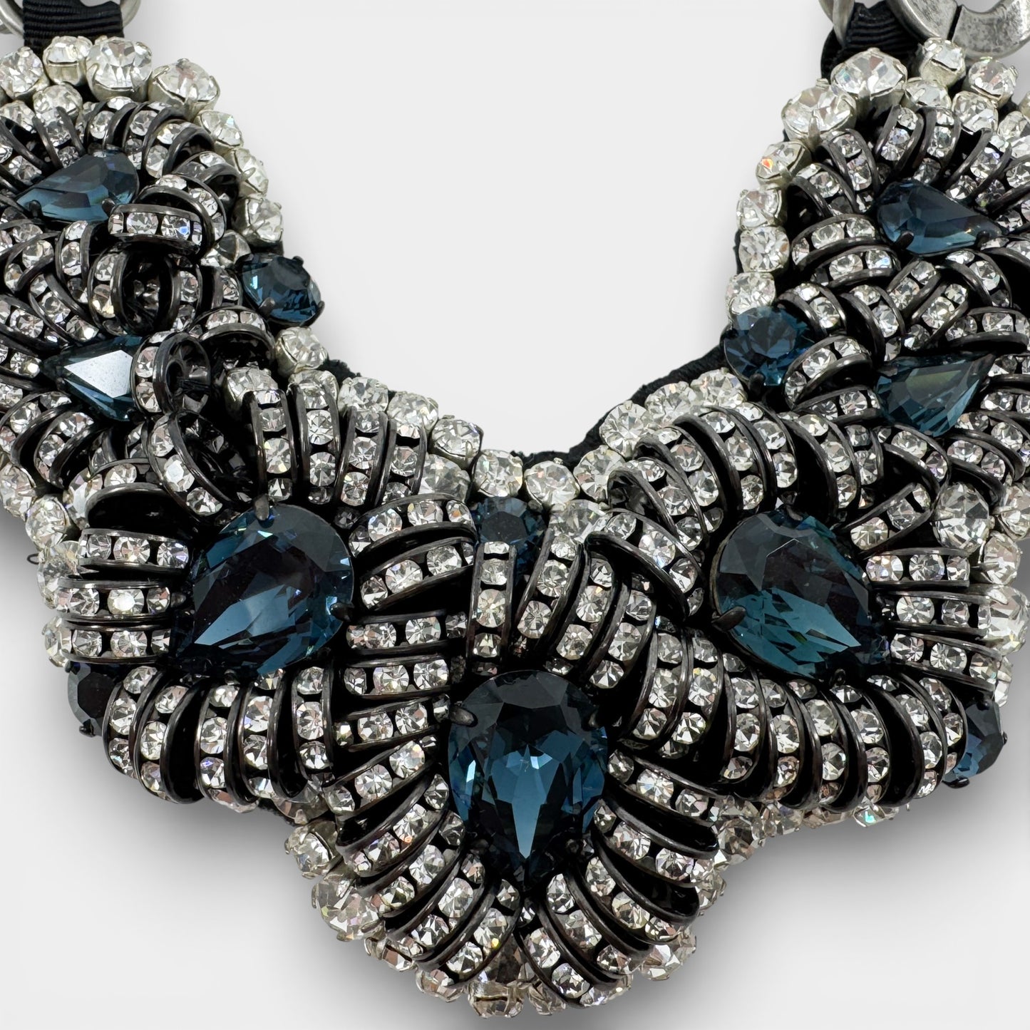 Prada Blue White Crystal Gun Metal Chain Statement Necklace