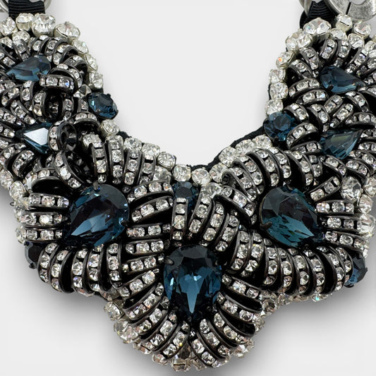 Prada Blue White Crystal Gun Metal Chain Statement Necklace