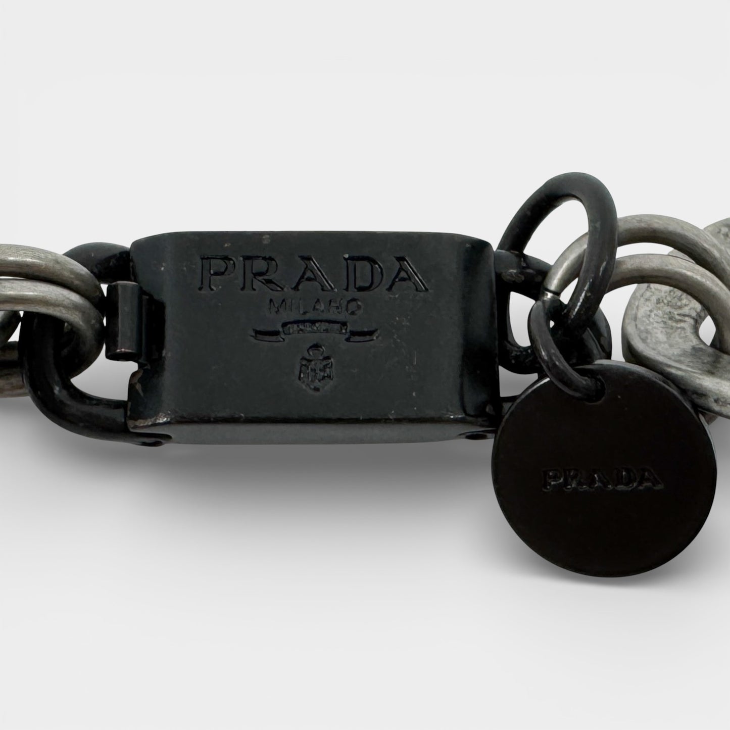 Prada Blue White Crystal Gun Metal Chain Statement Necklace