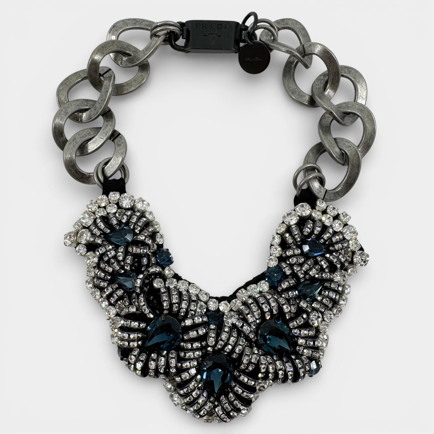 Prada Blue White Crystal Gun Metal Chain Statement Necklace