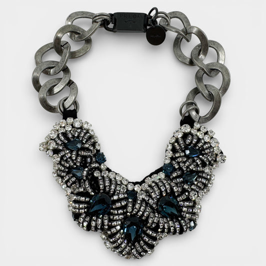 Prada Blue White Crystal Gun Metal Chain Statement Necklace