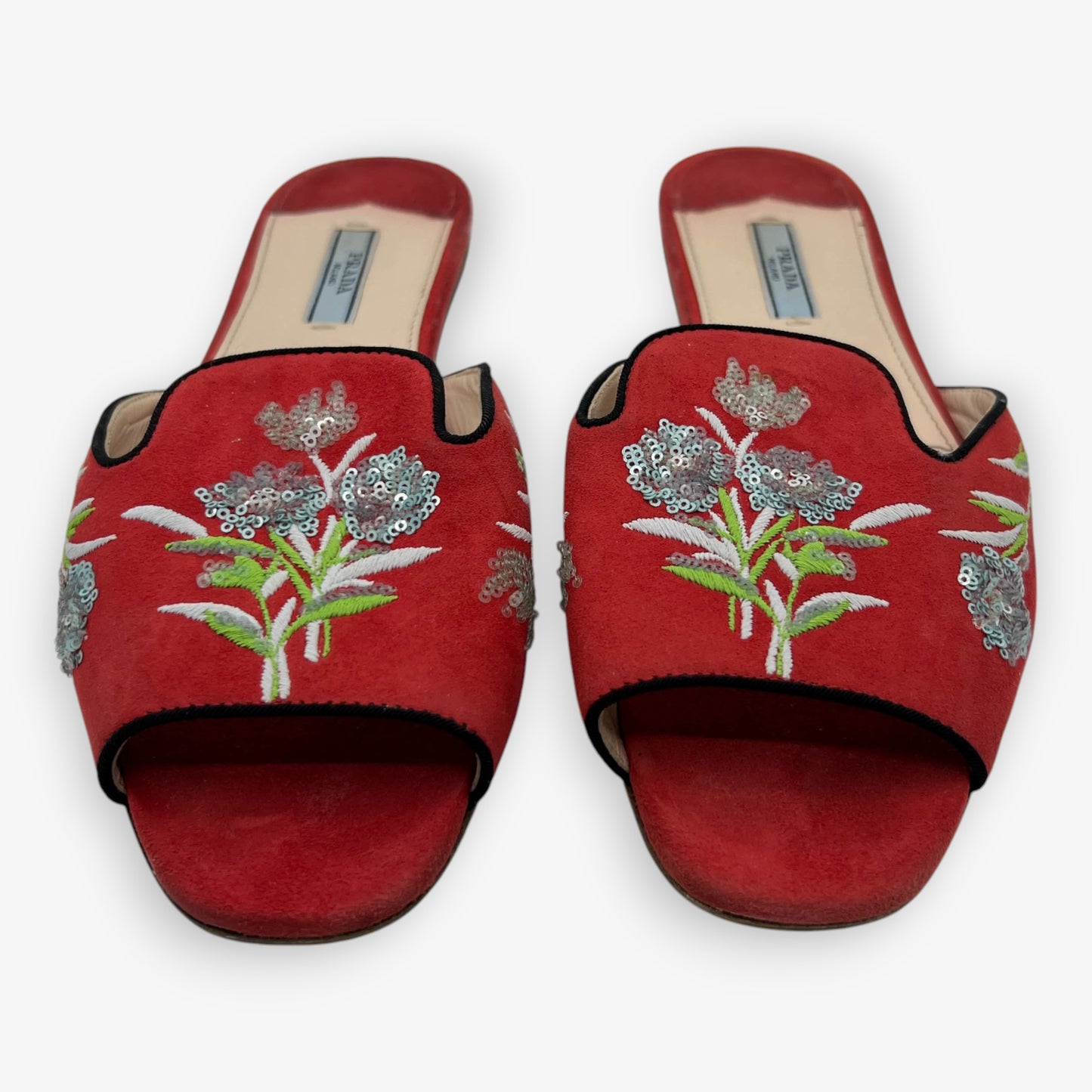 Prada Red Suede Sequin Flower Slide Shoes EU38.5 ~ AU7.5