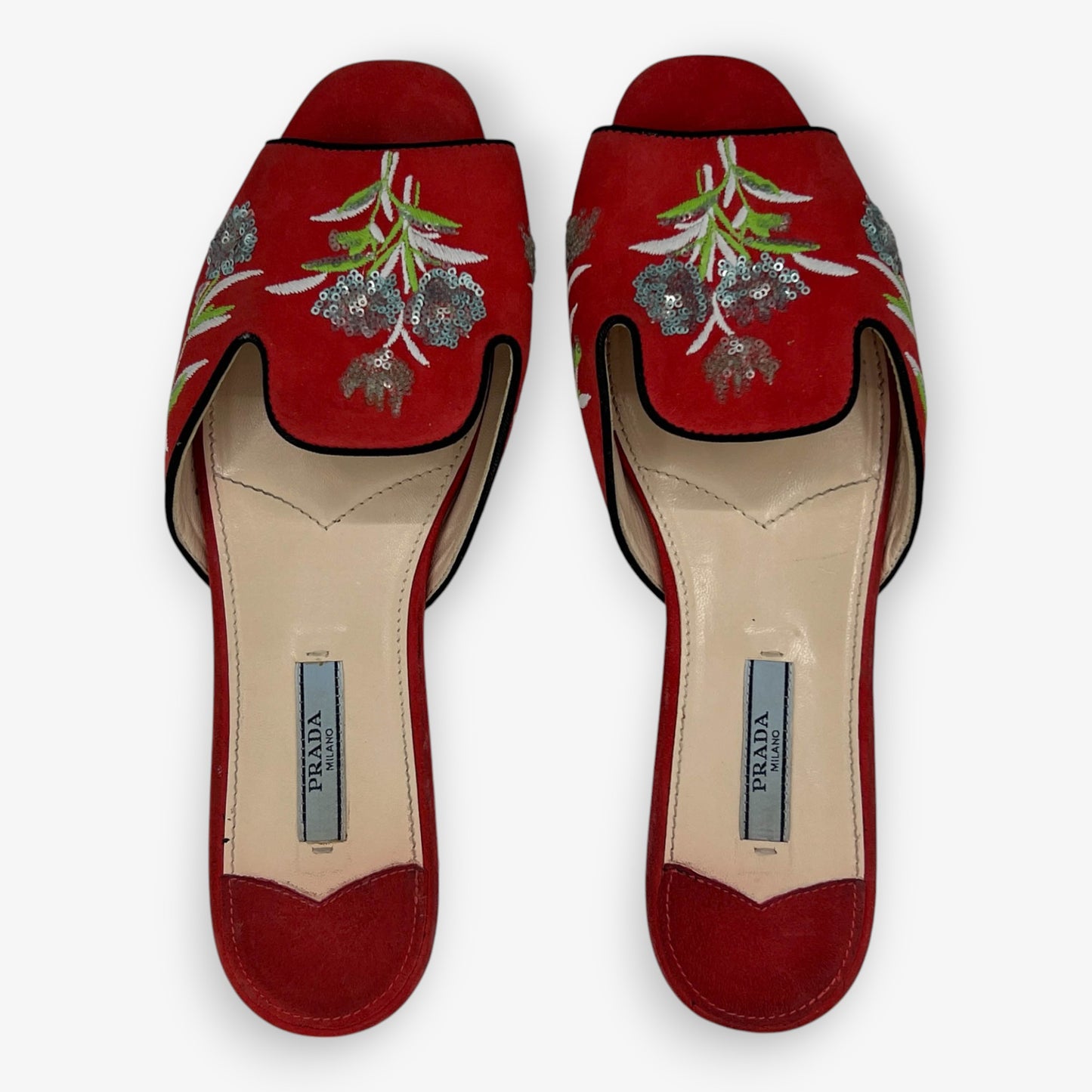 Prada Red Suede Sequin Flower Slide Shoes EU38.5 ~ AU7.5