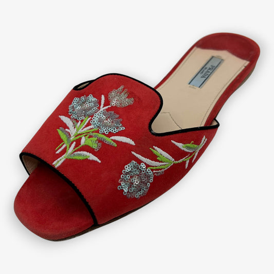 Prada Red Suede Sequin Flower Slide Shoes EU38.5 ~ AU7.5