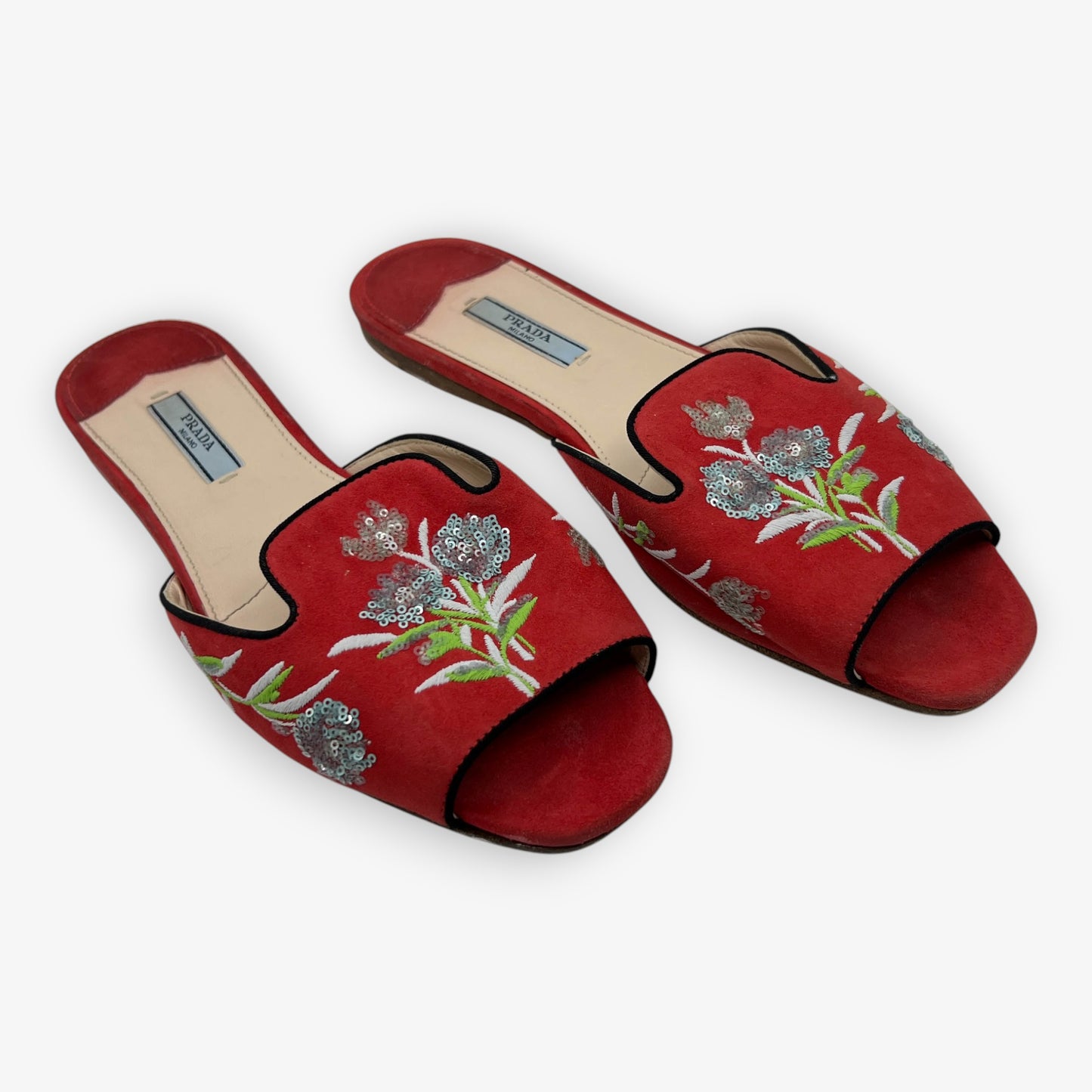 Prada Red Suede Sequin Flower Slide Shoes EU38.5 ~ AU7.5