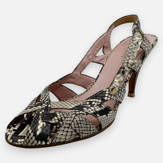 Prada Beige & Cream Snake Leather Heeled Sandal Shoes EU38.5 ~ AU7