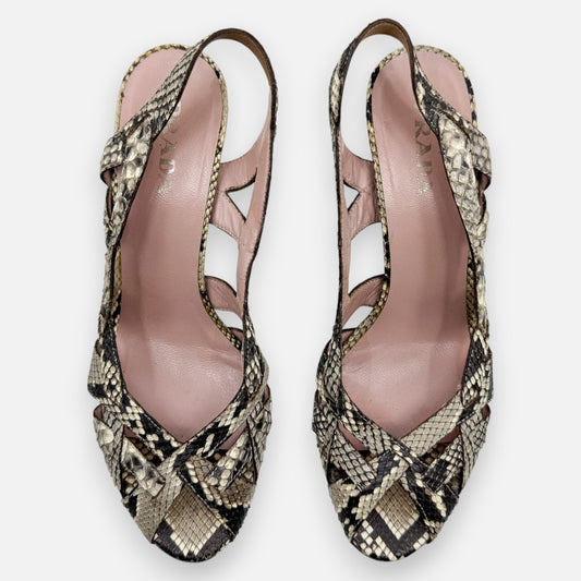 Prada Beige & Cream Snake Leather Heeled Sandal Shoes EU38.5 ~ AU7