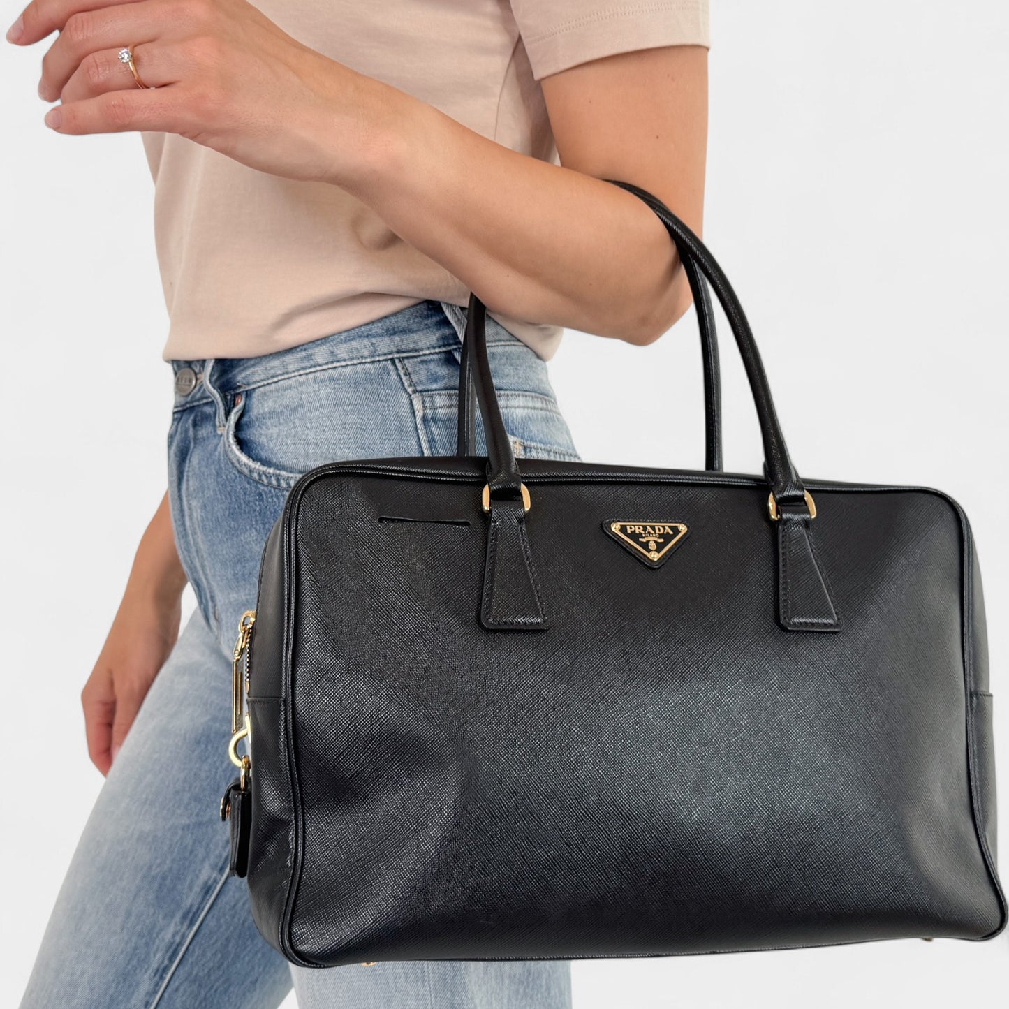 Prada Black Saffiano Leather Bauletto Zip Work Tote Bag