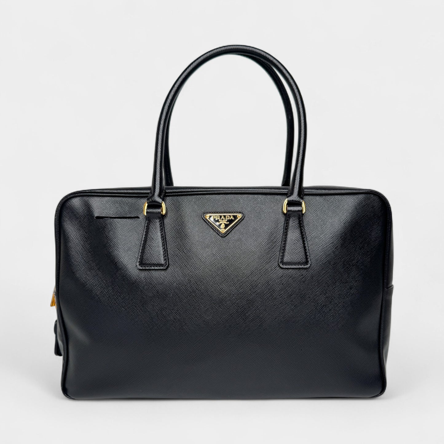 Prada Black Saffiano Leather Bauletto Zip Work Tote Bag