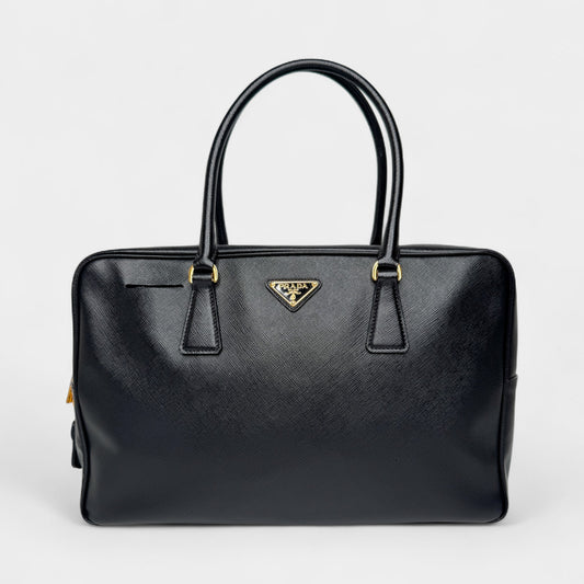 Prada Black Saffiano Leather Bauletto Zip Work Tote Bag