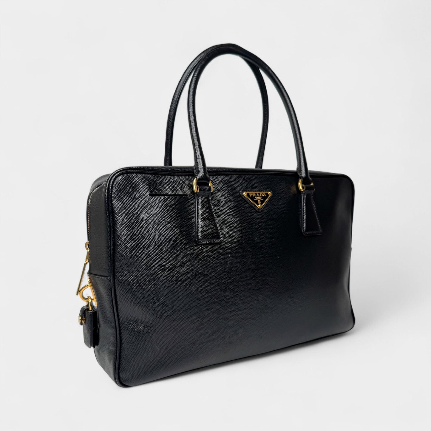 Prada Black Saffiano Leather Bauletto Zip Work Tote Bag