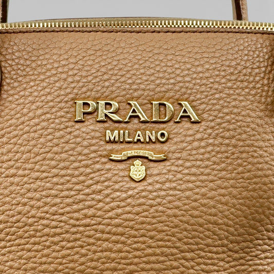 Prada Camel Brown Leather Zip Convertible Vitello Daino Dome Tote Bag
