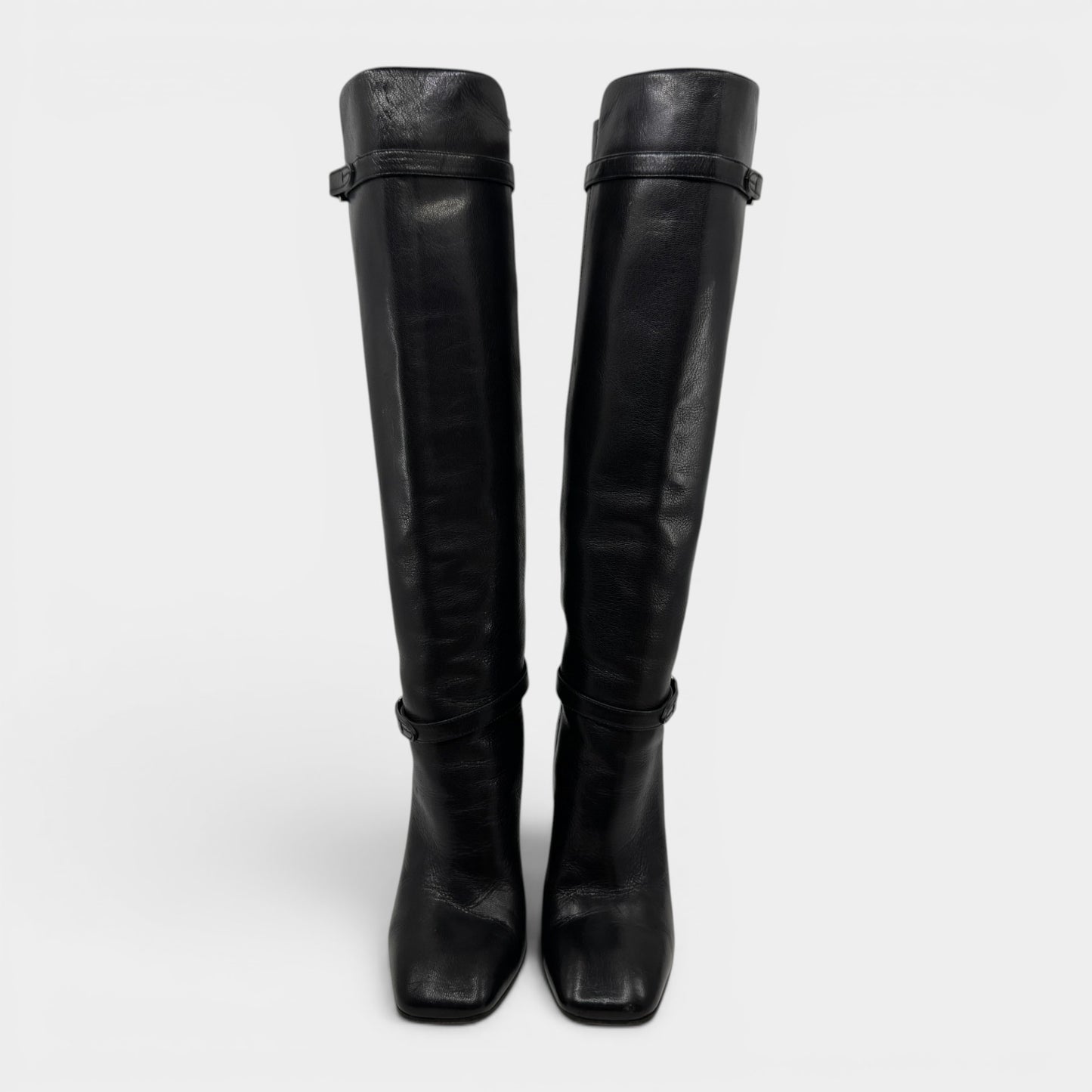 Prada Black Madras Fume Leather Knee High Heeled Boots EU37.5 ~ AU6.5 ~ UK4.5