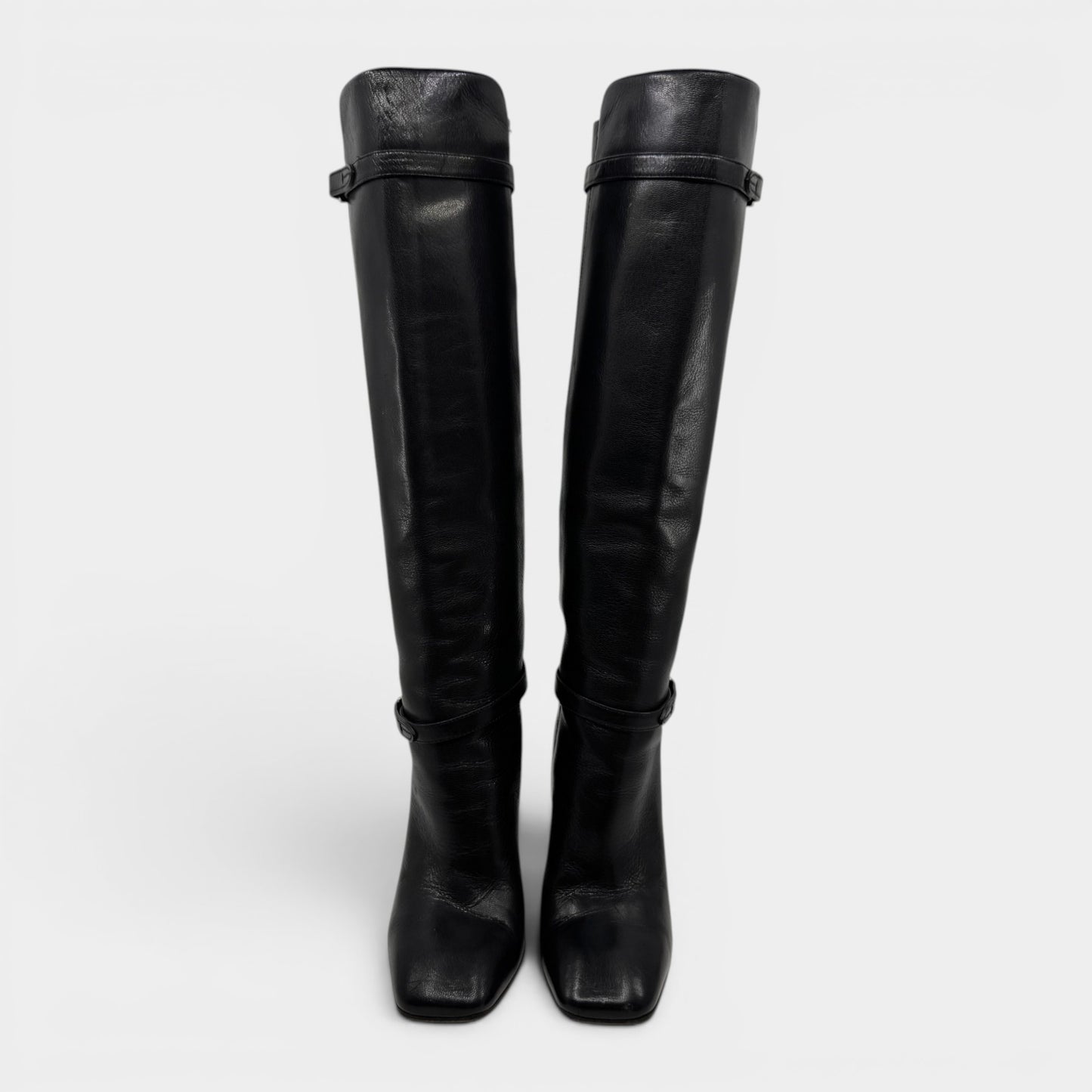 Prada Black Madras Fume Leather Knee High Heeled Boots EU37.5 ~ AU6.5 ~ UK4.5