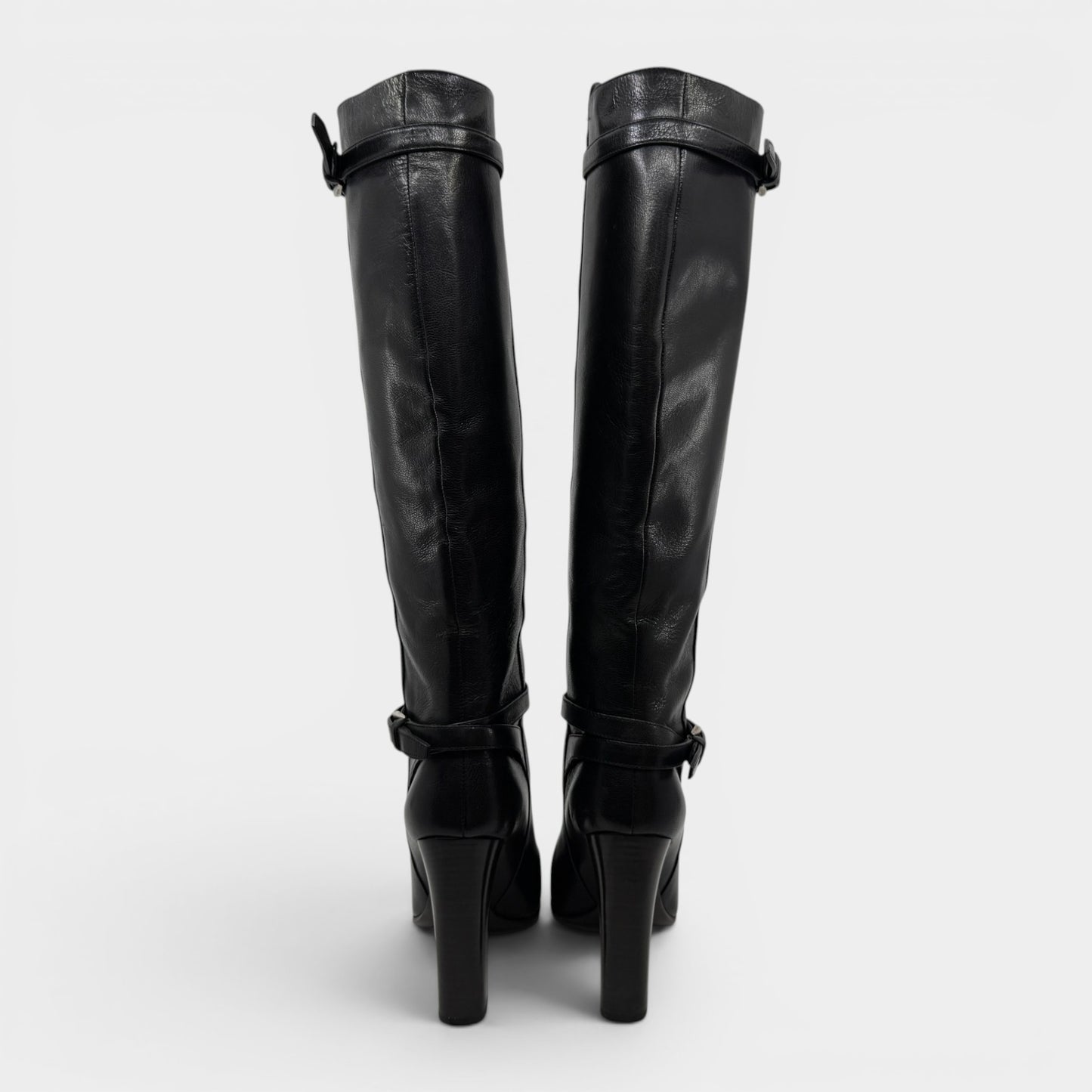 Prada Black Madras Fume Leather Knee High Heeled Boots EU37.5 ~ AU6.5 ~ UK4.5