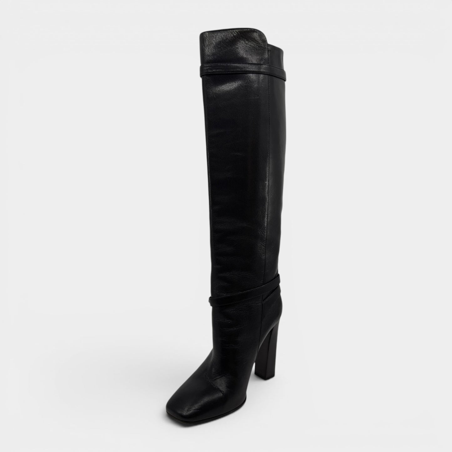 Prada Black Madras Fume Leather Knee High Heeled Boots EU37.5 ~ AU6.5 ~ UK4.5