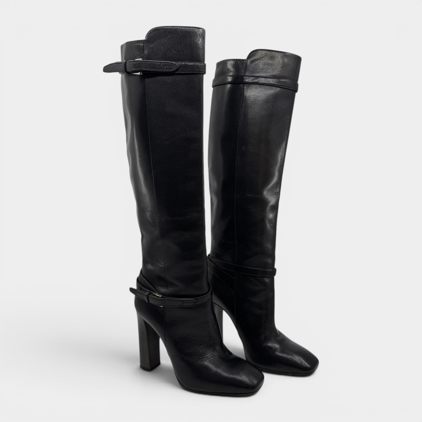 Prada Black Madras Fume Leather Knee High Heeled Boots EU37.5 ~ AU6.5 ~ UK4.5